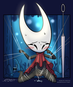 bdsm blush bodily_fluids bondage bottomless bound clothed clothing female genital_fluids genitals looking_at_another male peeping restrained sweat vaginal_fluids vulva furnut hollow_knight_(franchise) team_cherry hornet_(hollow_knight) arthropod 2025 hi_res