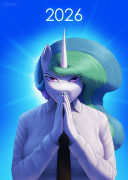 anthro black_eyebrows black_necktie blue_hair blue_nails breasts closed_smile clothed clothing collared_shirt colored_nails curved_eyebrows dress_shirt eyebrow_through_hair eyebrows eyelashes eyelashes_through_hair female fingers glistening glistening_eyes gradient_background green_hair green_nails hair hands_together horn humanoid_hands looking_at_viewer mouth_closed multicolored_hair nails necktie pink_hair pink_nails pupils purple_eyes shadow shirt simple_background smile smiling_at_viewer smirk smirking_at_viewer solo stare topwear translucent translucent_hair white_body white_dress_shirt suhar friendship_is_magic hasbro my_little_pony mythology princess_celestia_(mlp) equid equine mammal mythological_creature mythological_equine unicorn 2025 absurd_res bust_portrait colored digital_drawing_(artwork) digital_media_(artwork) hi_res portrait shaded signature