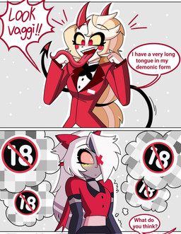 accessory after_transformation aroused blush bow_ribbon clothing demonic dialogue duo eye_obscured female grey_background hair_accessory hair_bow hair_ribbon horn long_tongue name_tag oh_fuck oh_shit red_bow red_clothing red_eyes red_horn red_suit ribbons simple_background standing suit tail text tongue tongue_out wide_eyed yellow_blush yellow_sclera thetitn20119578 hazbin_hotel hellaverse charlie_morningstar vaggi_(hazbin_hotel) angel demon fallen_angel humanoid comic english_text hi_res