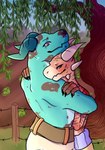 anthro blush claws clothing duo female horn hug looking_at_another looking_at_partner male male/female markings plant purple_eyes scales sky smile spots spotted_body striped_body striped_markings stripes teal_body teal_eyes teal_scales alluringcryptid broccoli_(anamazingkobold) stretch_(alluringcryptid) elemental_creature flora_fauna kobold reptile scalie absurd_res hi_res