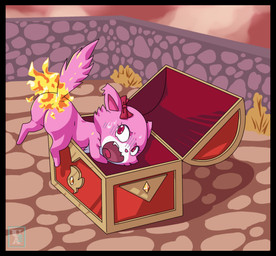 anthro bodily_fluids bow_ribbon burning butt butt_on_fire chibi female fire fur open_mouth pain pink_body pink_fur solo sweat sweatdrop tail treasure_chest white_body white_fur pequedark-velvet jewelpet sanrio sega sega_fave garnet_(jewelpet) domestic_cat felid feline felis mammal persian_cat digital_media_(artwork) hi_res