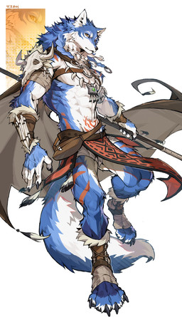 4_toes abs accessory ankle_wraps anthro arm_wraps armor belt belt_pouch blue_body blue_fur bottomwear bracers braided_hair chest_harness claws cloak clothing feather_accessory feet finger_claws footwear fur hair hair_accessory hair_ring harness holding_melee_weapon holding_object holding_polearm holding_spear holding_weapon jewelry loincloth looking_at_viewer male markings melee_weapon muscular muscular_anthro muscular_male neck_tuft paws pendant pointy_ears polearm prick_ears simple_background skull_accessory solo spear tail toe_claws toeless_footwear toes tooth_necklace tuft veiny_hands weapon white_background white_body white_fur wraps yellow_eyes fish7163 mythology wolfdale_(wolfdale1997) canid canine mammal mythological_canine mythological_creature werecanid werecanine werecreature werewolf digital_media_(artwork) hi_res signature