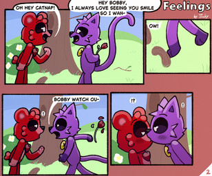 anthro black_eyes blush blush_lines branch charm_(jewelry) dialogue duo ears_up falling female flower fur grass jewelry kissing male necklace outside paws petals plant pupils purple_body purple_fur red_body red_fur rose_(flower) shocked shrub small_pupils smile smiling_at_another speech_bubble stick text tree white_pupils tinky mob_entertainment poppy_playtime smiling_critters bobby_bearhug catnap_(poppy_playtime) bear domestic_cat felid feline felis mammal comic hi_res