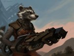 anthro armor biped black_body black_fur black_lips black_nose black_stripes cheek_tuft clothed clothing cloud dark_body dark_fur desert detailed_background facial_tuft fingers fur futuristic grey_body grey_fur gun holding_gun holding_object holding_ranged_weapon holding_weapon humanoid_hands leather leather_armor lips long_mouth male no_sclera orange_eyes outside plant ranged_weapon rifle science_fiction side_view sky smile snout solo spacecraft standing stripes teeth text tuft two_tone_tail vehicle weapon whiskers white_body white_fur white_stripes yellow_eyes hax_(artist) kenket lofi guardians_of_the_galaxy marvel rocket_raccoon mammal procyonid raccoon 2015 detailed digital_media_(artwork) portrait