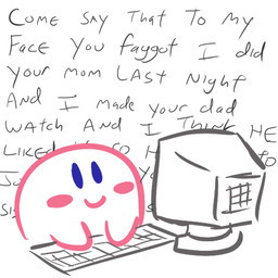 blue_eyes blush computer electronics homophobic_slur keyboard male not_furry profanity simple_background smile solo text text_background unknown_artist kirby_(series) nintendo kirby waddling_head 1:1 english_text low_res