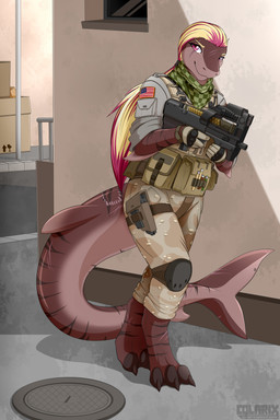 american_flag anthro armor bag barefoot bite_mark blonde_hair bottomwear box bulletproof_vest cardboard cardboard_box checkered claws clothing container countershading feet female fin gloves gun hair handgun handwear holding_gun holding_object holding_ranged_weapon holding_weapon holster knee_pads lead_pencil long_hair looking_at_viewer magazine_(gun) military p90 pants pink_eyes pink_hair pistol ponytail ranged_weapon scar scarf smile snout solo standing stripes submachine_gun tail text toe_claws toes topwear united_states_of_america urban vest weapon colarix fabrique_nationale_herstal kalie aquatic fish requiem_shark shark tiger_shark 2016 2:3 absurd_res hi_res url