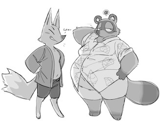 aloha_shirt anthro belly blush bottomwear clothed clothing duo flirting male male/male navel open_clothing open_shirt open_topwear overweight pattern_clothing pattern_shirt pattern_topwear shirt shorts shortstack shortstack_male slightly_chubby smile smirk topwear drugsandflowers animal_crossing nintendo crazy_redd tom_nook_(animal_crossing) canid canine fox mammal raccoon_dog tanuki hi_res monochrome