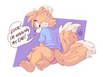 2_tails 4_toes anthro cheek_tuft clothing dialogue ear_wiggling facial_tuft feet fluffy fluffy_tail male multi_tail pointy_ears rear_view simple_background sitting sitting_on_ground smile solo speech_bubble tail toes topwear tuft young young_male roarey_raccoon sega sonic_the_hedgehog_(series) miles_prower canid canine fox mammal 4:3 absurd_res hi_res signature