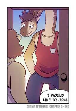 answering_door anthro bottomwear clothing dialogue duo hair hand_in_pocket long_neck male pants pockets red_clothing red_hair red_shirt red_topwear round_ears shirt speech_bubble tank_top text topwear white_clothing white_shirt white_topwear yellow_body t0l0k andrew_(t0l0k) scott_(t0l0k) felid giraffe giraffid lion mammal pantherine comic english_text hi_res