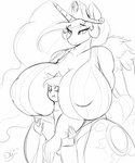 anthro between_breasts big_breasts breasts duo female horn huge_breasts larger_female male nipple_outline size_difference wide_hips wings thelunarmoon friendship_is_magic hasbro my_little_pony mythology princess_celestia_(mlp) equid equine mammal mythological_creature mythological_equine winged_unicorn hi_res monochrome