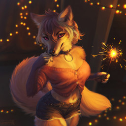 anthro black_collar black_nose bottomwear clothed clothing collar female fur glistening glistening_eyes hotpants looking_at_viewer mouth_closed neck_tuft pink_eyes realistic_anthro red_clothing red_topwear seductive shorts solo sparkler sparkles standing string_lights topwear tuft lostgoose canid canine fox mammal 1:1 2022 dated digital_media_(artwork) digital_painting_(artwork) hi_res painting_(artwork) portrait signature three-quarter_portrait