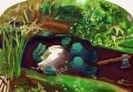 anthro asphyxiation axe drowning flower greenery landscape_background lying male on_back painting plant solo cagorical password_(visual_novel) alligator alligatorid crocodilian reptile scalie absurd_res hi_res