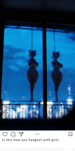 anthro asphyxiation ball_gag bdsm big_breasts blindfold blurred_foreground bondage bound breasts butt dangerous duo female gag gagged genitals hair imminent_death nipples nude suspension text user_interface vulva ghostoast instagram domestic_cat felid feline felis mammal 3d_(artwork) absurd_res digital_media_(artwork) english_text hi_res