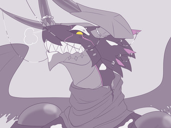 anthro black_body black_sclera facial_horn female horn horn_jewelry jewelry nose_horn scarf sharp_teeth solo teeth toothy_grin wings yellow_eyes roguemorpho bandai_namco digimon digimon_(species) regulusmon 4:3 bust_portrait hi_res portrait