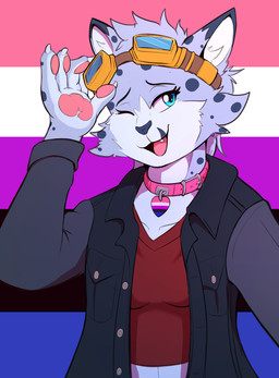 1_eye anthro blue_body blue_ears blue_eyes claws clothing collar eyewear genderfluid_pride_colors genderfluid_symbol goggles grey_clothing jacket lgbt_pride one_eye_closed paws pink_collar pride_colors red_clothing red_shirt red_topwear shirt solo topwear white_body wink yellow_eyewear yellow_goggles toshabi toshabi_(character) felid mammal pantherine snow_leopard hi_res genderfluid_(lore) trans_(lore) trans_woman_(lore)