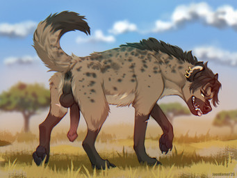 animal_genitalia animal_penis anus balls black_pawpads black_spots blue_sky brown_body brown_fur claws cloud countershade_neck countershade_torso countershading day dipstick_tail ear_piercing ear_ring facial_markings feral feral_with_hair fur genitals gloves_(marking) hair head_markings hyaenid_penis leg_markings male markings muzzle_(marking) outside pawpads penis piercing raised_tail ring_piercing savanna scar sharp_teeth sky socks_(marking) solo spots spotted_body spotted_fur tail tail_anus tail_markings teeth tongue tongue_out joonkorner hyena mammal spotted_hyena hi_res