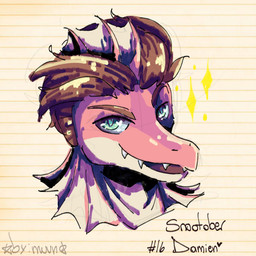 anthro biped brown_hair fin frill_(anatomy) front_view green_eyes hair looking_at_viewer male open_mouth open_smile pattern_background pink_body sharp_teeth short_hair simple_background smile solo sparkles striped_background tan_body teeth text by:_muun cavemanon_studios i_wani_hug_that_gator damien_payne dilophosaurid dilophosaurus dinosaur hybrid prehistoric_species reptile saurischian scalie spinosaurid spinosaurus theropod 1:1 2025 absurd_res artist_name character_name colored guide_lines headshot_portrait hi_res portrait shaded