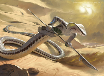 4_fingers anthro apode desert fingers footprint halberd holding_object holding_weapon legless male melee_weapon photorealism polearm realistic rock sand scales serpentine snake_hood solo spear sun text weapon year victor_adame_minguez cobra draconcopode naga reptile scalie snake 2017 digital_media_(artwork) english_text hi_res
