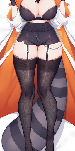 big_breasts breasts clothing collar dakimakura eyewear facial_markings female fingerless_gloves glasses gloves grey_hair hair handwear head_markings legwear looking_at_viewer lying markings mask_(marking) necktie on_back orange_clothing orange_eyes orange_topwear simple_background small_waist smile solo stockings tail thick_thighs topwear nanoless vtuber snuffy animal_humanoid humanoid mammal mammal_humanoid procyonid procyonid_humanoid raccoon_humanoid 2021 dakimakura_design digital_media_(artwork) hi_res