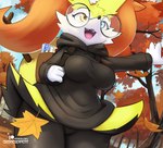 4_fingers anthro autumn backpack big_breasts black_body black_clothing black_fur black_sweater black_topwear blue_eyes book bottomless bottomless_anthro bottomless_female braces breasts clothed clothing eyewear falling_leaves featureless_crotch female female_anthro fingers fur glasses heterochromia multicolored_body multicolored_fur open_mouth orange_body orange_fur outside plant round_glasses solo stick_in_tail sweater thick_thighs topwear tree wearing_glasses white_body white_fur wide_hips yellow_body yellow_eyes yellow_fur ozoneserpent nintendo pokemon zoey_(ozoneserpent) braixen generation_6_pokemon pokemon_(species) 2023