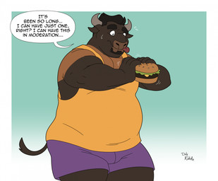 anthro bodily_fluids bottomwear burger clothing facial_hair food goatee hair holding_food holding_object horn licking licking_lips male muscular muscular_arms shirt shorts simple_background solo speech_bubble standing suntan sweat sweatdrop tail tan_line tank_top text tongue tongue_out topwear duly_noted bovid bovine cattle mammal 2024 english_text hi_res