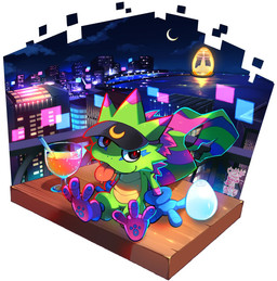 alcohol anthro beverage blep city cityscape clothing cocktail cocktail_glass container cup drinking_glass glass glass_container glass_cup green_body hat headgear headwear male markings sitting smile solo striped_markings striped_tail stripes tail tail_markings tongue tongue_out visor_cap axy_usagi bandai_namco digimon digimon_beatbreak digimon_(species) gekkomon scalie hi_res