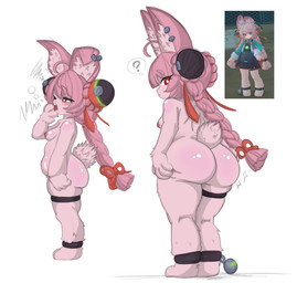 ahoge anthro areola bottom_heavy braided_hair breasts ear_piercing eyelashes feet female fur hair inner_ear_fluff looking_back nipples open_mouth piercing pink_areola pink_body pink_fur pink_hair pink_nipples question_mark rear_view red_eyes shortstack side_view simple_background small_breasts solo speech_bubble thick_thighs tuft twintails_(hairstyle) white_background wide_hips yawn danvil_0 gonzalo_costa third-party_edit mihoyo zenless_zone_zero zhao_(zenless_zone_zero) lagomorph leporid mammal rabbit thiren colored hi_res