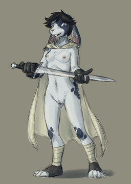 anthro biped black_hair black_markings blue_eyes breasts casual_exposure cloak cloak_only clothing feet female fur genitals gloves hair handwear holding_object holding_weapon looking_at_viewer markings melee_weapon mostly_nude mostly_nude_anthro mostly_nude_female nipples open_mouth rabbit_ears simple_background small_breasts smile solo sword teeth vulva weapon white_body white_fur wraps sealer4258 madelynn_(sealer4258) lagomorph leporid mammal rabbit digital_media_(artwork) hi_res
