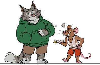 angry anthro bottomwear brown_body brown_fur clothing duo eyes_closed fur grey_body grey_fur hoodie male pink_nose shirt shorts simple_background slightly_chubby standing topwear lonesomechunk domestic_cat felid feline felis mammal mouse murid murine rodent 2026 hi_res