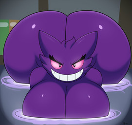 anthro ass_up big_breasts big_butt biped breasts butt female huge_breasts huge_butt huge_hips huge_thighs hyper hyper_butt hyper_hips hyper_thighs jack-o'_pose nude partially_submerged partially_submerged_breasts pose simple_background smile solo thick_thighs water wide_hips ll-ss nintendo pokemon generation_1_pokemon gengar ghost pokemon_(species) spirit 2024 absurd_res digital_media_(artwork) hi_res