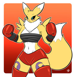 abs anthro black_sclera boxing_gloves boxing_shorts breasts chest_wraps clothing female handwear small_breasts solo wraps the_k9_empire vulpinecrew bandai_namco digimon canid digimon_(species) mammal renamon absurd_res hi_res