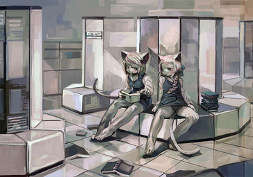 5_fingers anthro blush book braided_hair breasts clothed clothing dentyou detailed_background digital_media_(artwork) digital_painting_(artwork) duo english_text felid feline female fingers fur hair hi_res kemono long_hair mammal reading single_braid sitting small_breasts text underwear upskirt