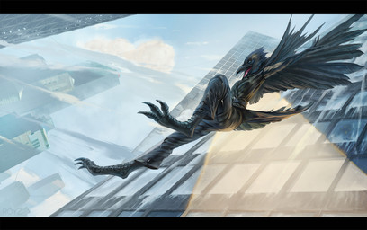 anthro city female flying jumping latex solo conditional_dnp royz avian bird corvid corvus_(genus) oscine passerine raven 2026