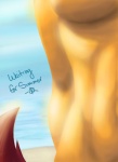 anthro beach biped breasts brown_tail close-up cloud day female fluffy fluffy_tail fur nude nude_beach outside sand seaside sky solo standing summer tail text torso_shot under_boob water kenfoxx ambiguous_species digital_media_(artwork) english_text oekaki signature