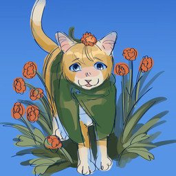 ambiguous_gender blue_background blue_eyes blush cloak clothing feral feralized flower grass green_cloak green_clothing plant red_flower simple_background smile solo azulmagpie attack_on_titan armin_arlert domestic_cat felid feline felis mammal 1:1