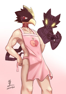 ambiguous_gender apron apron_only beak biped blush blush_lines bodily_fluids bulge cellphone clothed clothed_humanoid clothed_male clothing duo electronics embarrassed for_a_head front_view half-closed_eyes holding_cellphone holding_object holding_phone holding_smartphone humanoid_hands looking_aside male male_humanoid narrowed_eyes phone print_clothing simple_background skimpy smartphone standing sweat sweatdrop bananana8729 my_hero_academia dark_shadow fumikage_tokoyami animal_head animal_humanoid avian avian_humanoid humanoid 2021 absurd_res dated digital_media_(artwork) hi_res signature