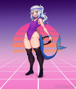 1980s_theme accessory athletic_wear bite_mark bite_taken blue_eyes bodily_fluids breasts camel_toe clothing female fin hair headband legwear leotard looking_at_viewer notched_fin notched_tail one-piece_swimsuit scar shark_tail slim small_breasts smile solo surgical_suture sweat sweatband swimwear synthwave tail tail_scar thick_thighs thigh_highs white_hair makinakid hololive hololive_en nintendo ring_fit_adventure vtuber gawr_gura animal_humanoid aquatic aquatic_humanoid fish fish_humanoid humanoid mammal shark_humanoid absurd_res hi_res