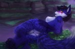 amber_eyes anthro anus big_butt big_tail black_hair black_lips blue_body blue_fur blush breasts butt butt_focus chest_tuft claws countershading detailed_background dipstick_tail eyeshadow fangs feet female fluffy fur genitals grass hair hand_on_butt highlights_(coloring) inner_ear_fluff leg_markings lips looking_at_viewer looking_back lying makeup markings multicolored_body multicolored_fur multicolored_tail nipples nude on_side open_mouth outside pawpads paws plant plump_labia pussy rear_view short_hair side_boob socks_(marking) solo tail tail_markings tattoo teeth tuft two_tone_body two_tone_fur water white_body white_fur milkwyvern aeri_aosune hellstorm canid canine fox mammal 2021