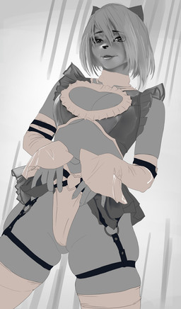 angle anthro bottomwear breasts clothing collar female legwear lingerie panties perspective playful pose presenting seductive skirt sleeves solo stockings straps tail underwear view hnz canid canine fox lagomorph leporid mammal rabbit pinup