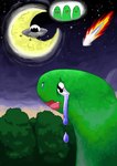 ambiguous_gender blue_sky bodily_fluids cloud comet crescent_moon crying fangs feral fire flying_saucer green_body group leaf left_out moon night plant sad silhouette sky smile snot star tears teeth tree ufo wavy_mouth mimill3 dinosaur prehistoric_species reptile scalie hi_res