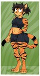 4_toes anthro barefoot border brown_hair bulge clothed clothing digitigrade feet femboy fur green_eyes hair heart_symbol male midriff navel orange_body orange_fur ponytail short_hair solo striped_body striped_fur stripes toes white_border wide_hips tinydevilhorns tiger_boy_(vex714) felid mammal pantherine tiger digital_media_(artwork) full-length_portrait hi_res portrait