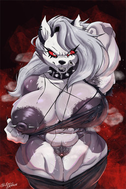 angry anthro areola armpit_fetish armpit_hair biceps big_areola big_breasts big_nipples bodily_fluids body_hair bottomwear bottomwear_down breasts clitoral_hood clitoris clothed clothing collar ear_piercing ear_ring female female_anthro fur genital_fluids genitals hair hairy_vulva hand_behind_head happy_trail huge_breasts leaking looking_at_viewer muscular muscular_anthro muscular_female nipple_outline nipple_piercing nipples pants pants_down partially_clothed piercing presenting_armpit pubes pussy_juice_leaking red_sclera ring_piercing simple_background solo spiked_collar spikes sweat sweatdrop sweaty_armpit sweaty_body sweaty_breasts teeth thick_thighs topwear torn_clothing torn_topwear vaginal_fluids vaginal_fluids_on_vulva vulva white_body white_fur wide_hips g4rron hellaverse helluva_boss mythology loona_(helluva_boss) canid canid_demon canine demon hellhound mammal mythological_canine mythological_creature digital_media_(artwork) hi_res