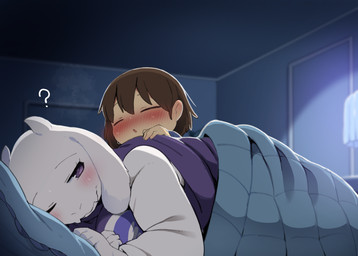 age_difference anthro biped blush bodily_fluids breasts clothing detailed_background duo eyelashes female fingers fur hair horn male open_mouth purple_eyes question_mark suggestive sweat topwear under_covers white_body white_fur young young_human young_male dagasi undertale undertale_(series) frisk_(undertale) toriel bovid caprine goat human mammal 2025 digital_media_(artwork) hi_res