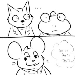 anthro buckteeth clothing coat ellipsis group half-closed_eyes hat headgear headwear imminent_undressing male narrowed_eyes shocked smile teeth text thought_bubble topwear trenchcoat trio whiskers nishi_oxnard nintendo star_fox fox_mccloud oxynard slippy_toad amphibian canid canine cricetid fox frog hamster mammal rodent 1:1 comic english_text monochrome sketch story story_in_description