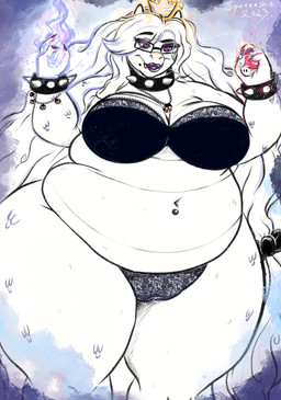 accessory anthro belly belly_overhang big_belly big_breasts big_hair biped blue_fire bra breasts clothed clothing collar colored_fire crown eating eating_food elemental_manipulation eyelashes eyeshadow eyewear fangs female fire fire_manipulation food fungus glasses glowing_crown hair hair_accessory headgear holding_food holding_mushroom holding_object huge_hips huge_thighs jewelry lidded_eyes lingerie lips lipstick long_hair love_handles makeup markings mole_(marking) mole_under_mouth mushroom navel navel_piercing navel_stud necklace overweight overweight_anthro overweight_female panties piercing purple_eyes purple_eyeshadow purple_fire purple_lipstick rectangular_glasses scales simple_background solo spiked_collar spikes standing super_mushroom teeth thick_lips thick_thighs underwear underwear_only wearing_glasses white_body white_hair wide_hips squeeeshie mario_bros nintendo fan_character mona_koopa chain_chomp dragon_koopa koopa scalie 2023 digital_media_(artwork) hi_res portrait restricted_palette signature three-quarter_portrait