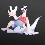 1:1 3_toes 5_fingers absurd_res blue_body blue_hair bottomwear clothing countershade_torso countershading cutoffs denim denim_bottomwear denim_clothing dinodoggo fangs feet female feral fingers fused_toes generation_2_pokemon grey_background hair hi_res human human_to_feral legendary_pokemon long_neck lugia mammal mid_transformation nintendo open_mouth pink_clothing pink_shirt pink_topwear pokemon pokemon_(species) shaded shirt shorts simple_background sitting solo species_transformation surprised_expression tail teeth thick_tail toes topwear torn_bottomwear torn_clothing torn_shirt torn_shorts torn_topwear transformation white_body