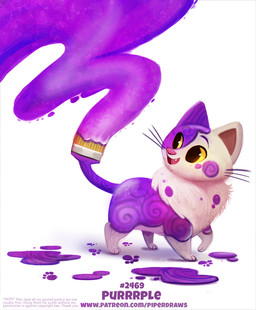 ambiguous_gender brush feral footprint fur humor open_mouth paint paintbrush painting_(object) pawprint pun purple_body purple_fur simple_background smile solo text visual_pun whiskers white_background white_body white_fur yellow_eyes piper_thibodeau domestic_cat felid feline felis mammal digital_media_(artwork) digital_painting_(artwork) painting_(artwork) url