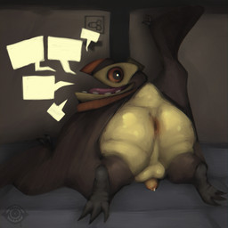 3_toes anal_fluids anthro anus anus_focus backsack balls bodily_fluids box brown_body brown_skin butt cardboard cardboard_box container empty_speech_bubble eyewear eyewear_on_head feet genital_fluids genitals goggles goggles_on_head light_butt male membrane_(anatomy) membranous_wings orange_eyes penis precum scarf short_male size_difference small_penis smaller_male solo speech_bubble toes winged_arms wings yellow_body yellow_skin analog_vorer night_of_the_extinct arnold_the_tiny anurognathid anurognathus prehistoric_species pterosaur reptile scalie 1:1 hi_res