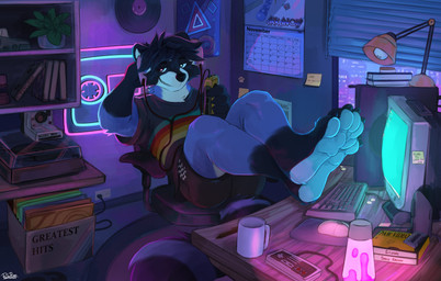 4_toes anthro barefoot black_body black_fur black_hair black_nose blue_body blue_fur calendar claws clothed clothing computer_mouse countershade_feet countershading crt feet finger_claws fur grey_eyes grin hair inside keyboard lamp lava_lamp male messy_hair narrowed_eyes neon_lights pawpads paws plantigrade reclining smile soles solo toe_claws toes vinyl_record white_body white_fur white_pawpads window pache_riggs rekky_(teuslow) mammal procyonid raccoon absurd_res hi_res