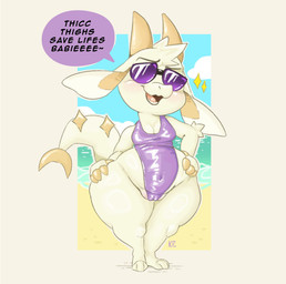 anthro beach belly big_butt bikini blush breasts butt clothing dialogue exhibitionism eyewear female genital_outline genitals horn looking_at_viewer naughty_face navel one-piece_swimsuit peek pink_vulva presenting presenting_vulva sea slightly_chubby slightly_chubby_female small_breasts solo speech_bubble sunglasses swimwear tail text thick_thighs tight_clothing tight_swimwear two-piece_swimsuit vulva water wide_hips katxfish chikn_nuggit mythology fwench_fwy_(chikn_nuggit) dragon mythological_creature mythological_scalie scalie absurd_res english_text hi_res nonbinary_(lore)